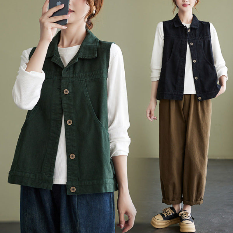 デニム ノースリーブ ベスト レディース 春秋 前開き アウター トップス ジレ レイヤード