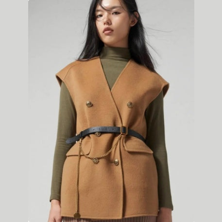 ジレ ベスト ウール レディース ウエストマーク ロングベスト ノーカラー レイヤードコーデ