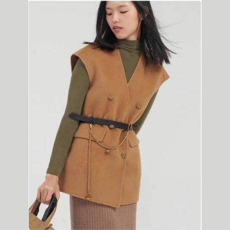 ジレ ベスト ウール レディース ウエストマーク ロングベスト ノーカラー レイヤードコーデ