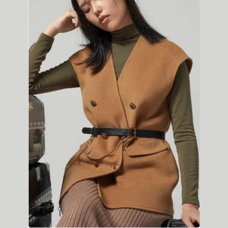 ジレ ベスト ウール レディース ウエストマーク ロングベスト ノーカラー レイヤードコーデ