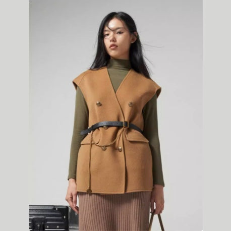 ジレ ベスト ウール レディース ウエストマーク ロングベスト ノーカラー レイヤードコーデ