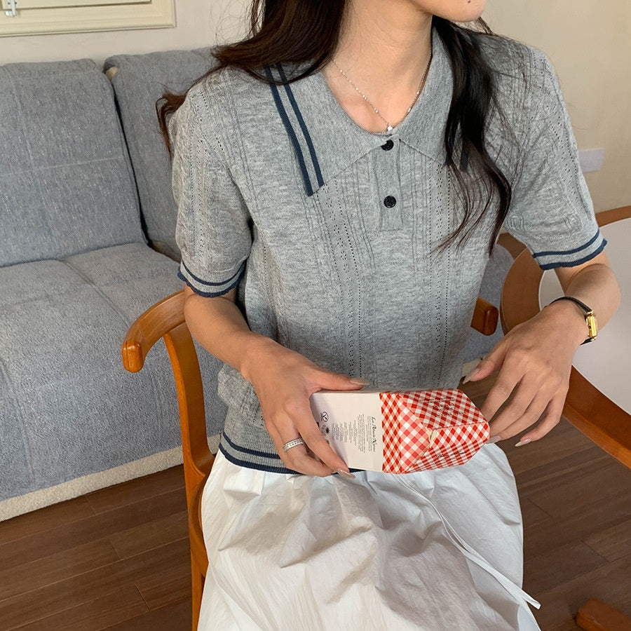 レディース ニット 半袖 サマーニット ポロシャツ風 トップス 学院風ニット 襟付きニット