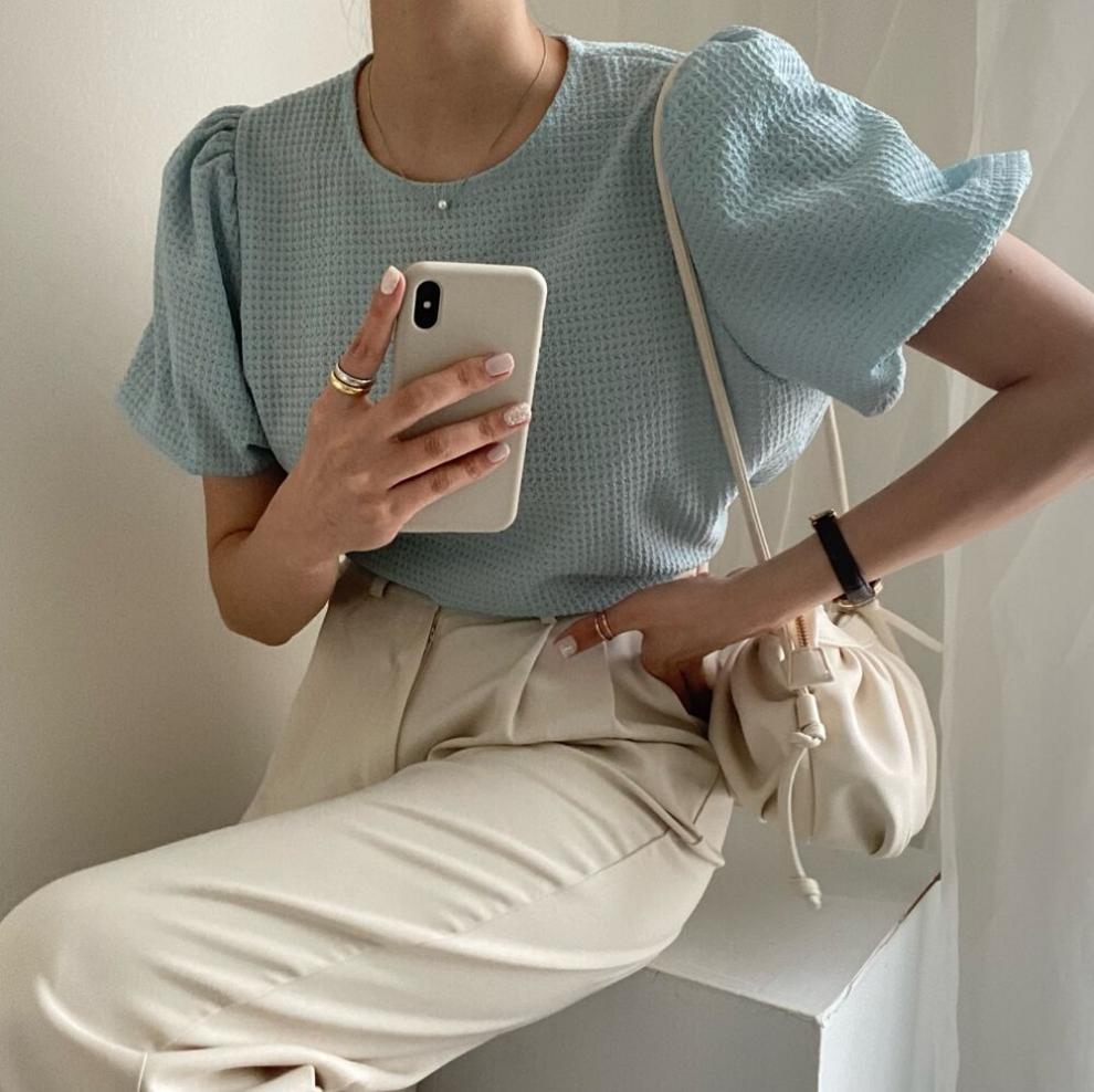 ブラウス レディース トップス Tシャツ カットソー 半袖 シャツ 韓国風 ワッフル素材