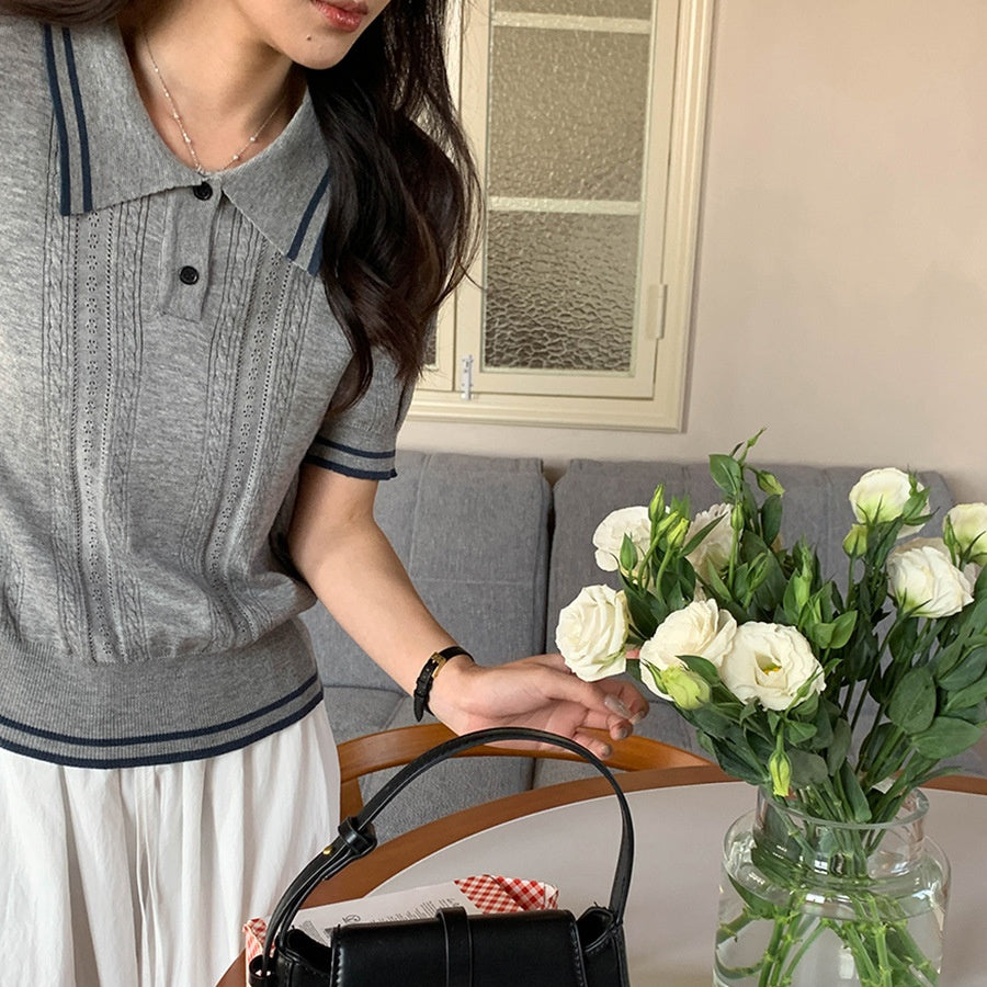 レディース ニット 半袖 サマーニット ポロシャツ風 トップス 学院風ニット 襟付きニット