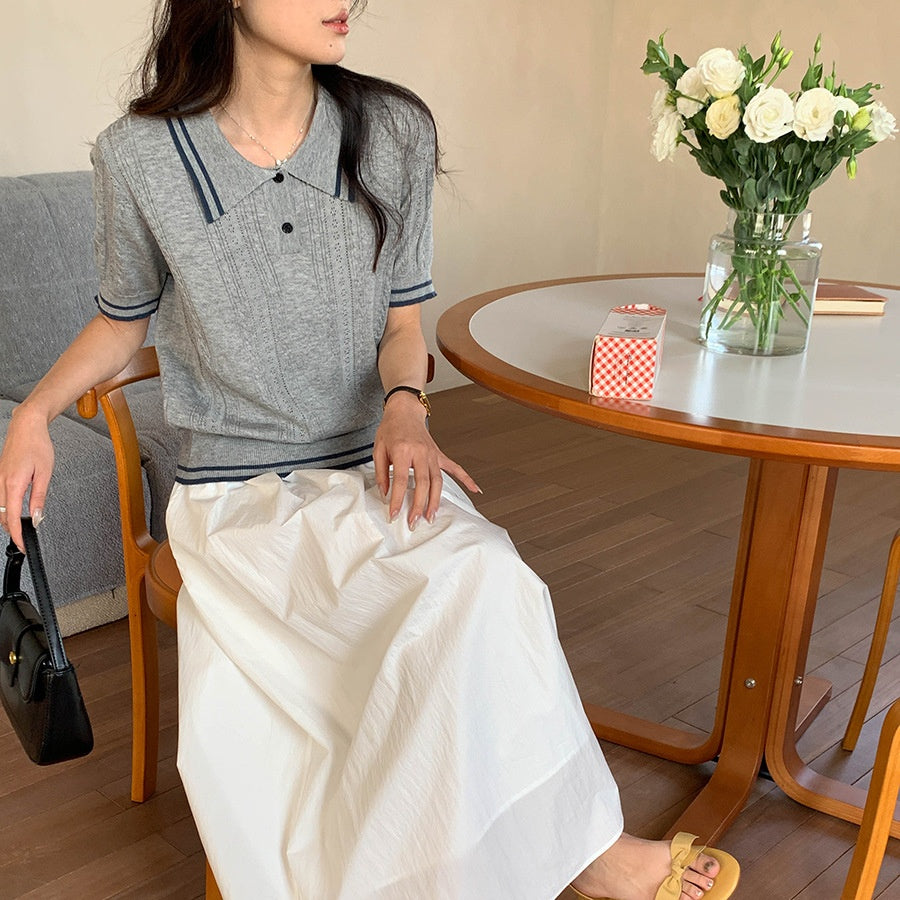 レディース ニット 半袖 サマーニット ポロシャツ風 トップス 学院風ニット 襟付きニット