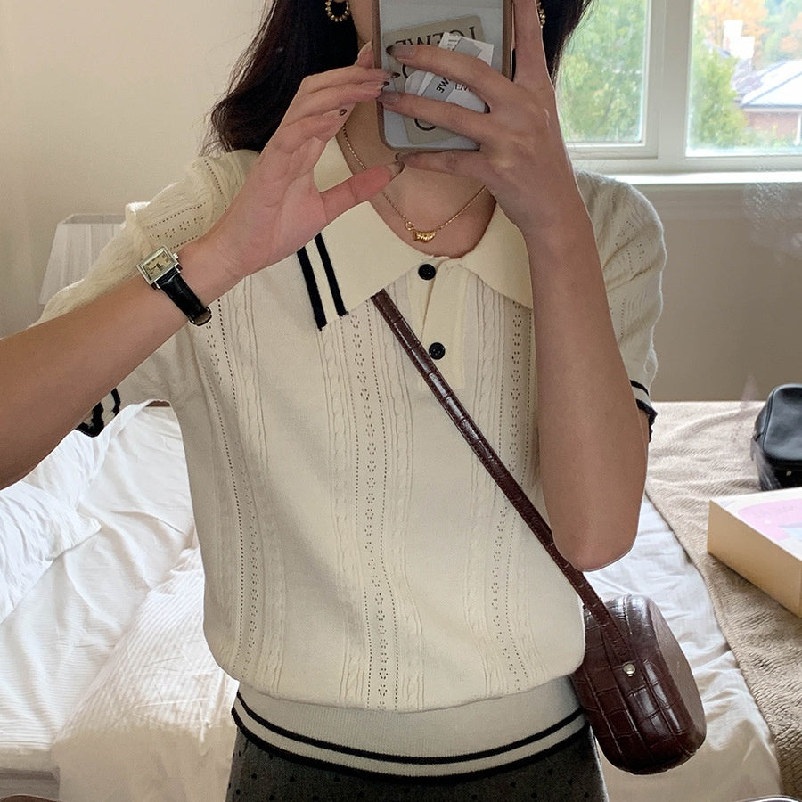 レディース ニット 半袖 サマーニット ポロシャツ風 トップス 学院風ニット 襟付きニット