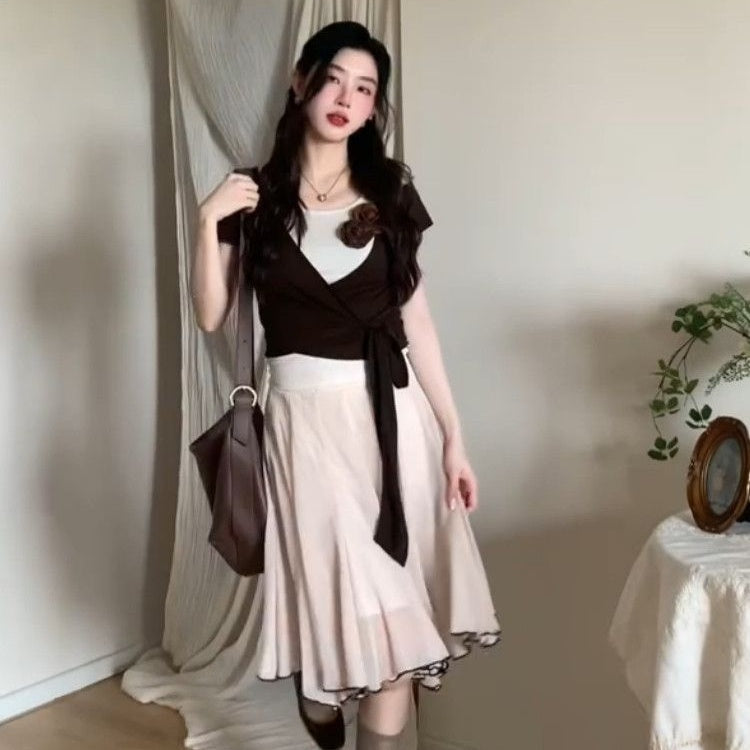 セットアップ レディース 夏服 2点セット トップス スカート 半袖 ニット プリーツ