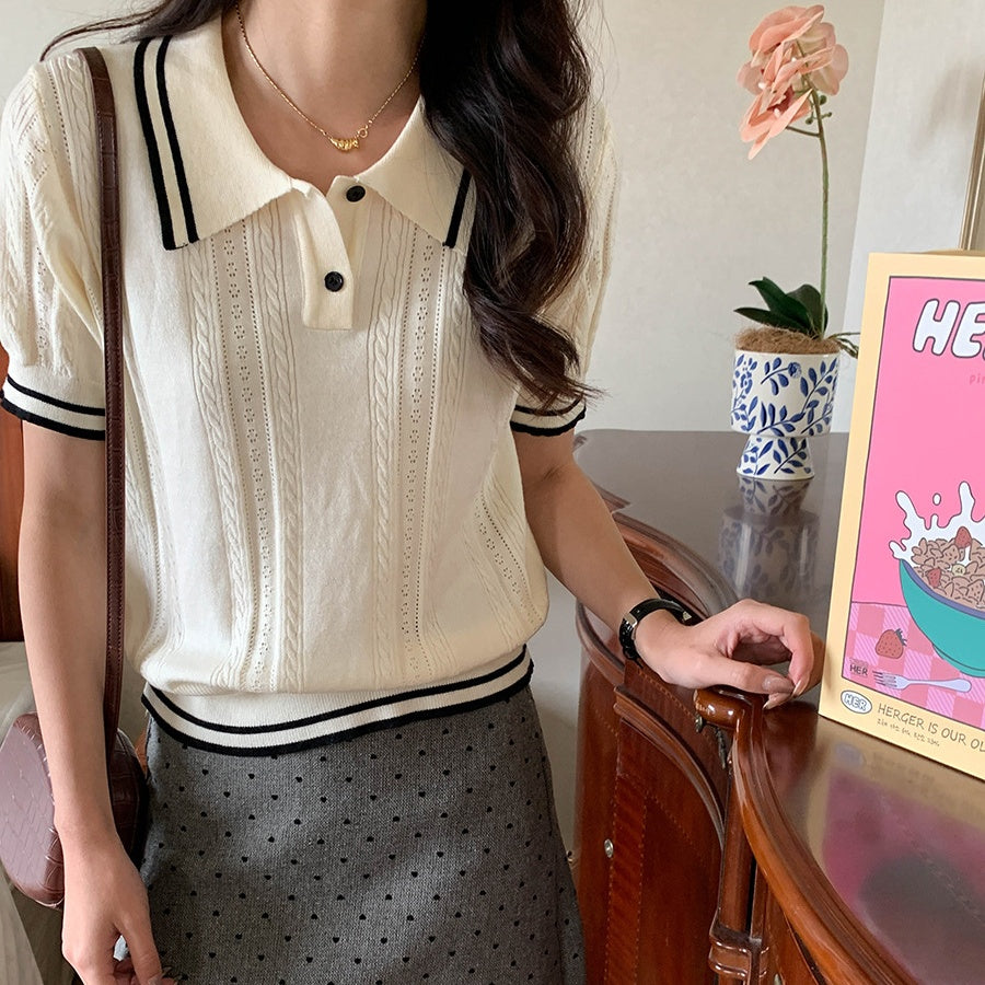 レディース ニット 半袖 サマーニット ポロシャツ風 トップス 学院風ニット 襟付きニット