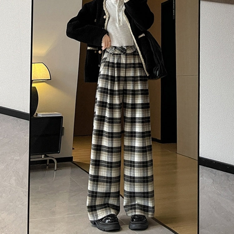 ワイドパンツ 裏起毛 レディース 冬 チェック柄 ウール混 パープル タータンチェック