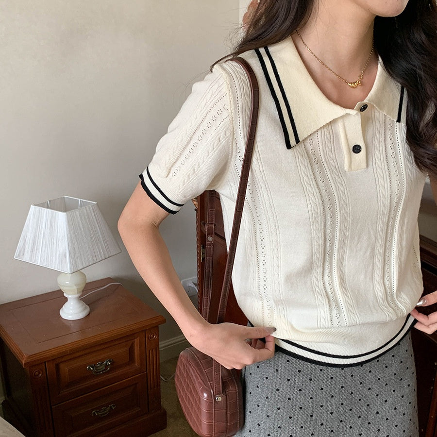 レディース ニット 半袖 サマーニット ポロシャツ風 トップス 学院風ニット 襟付きニット