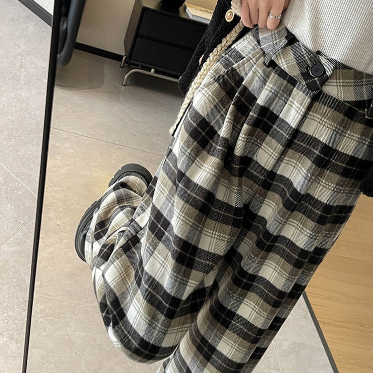 ワイドパンツ 裏起毛 レディース 冬 チェック柄 ウール混 パープル タータンチェック