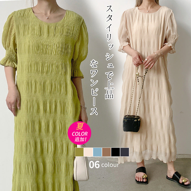 ワンピース シフォン レディース 半袖 バルーンスリーブ プリーツ シワ加工