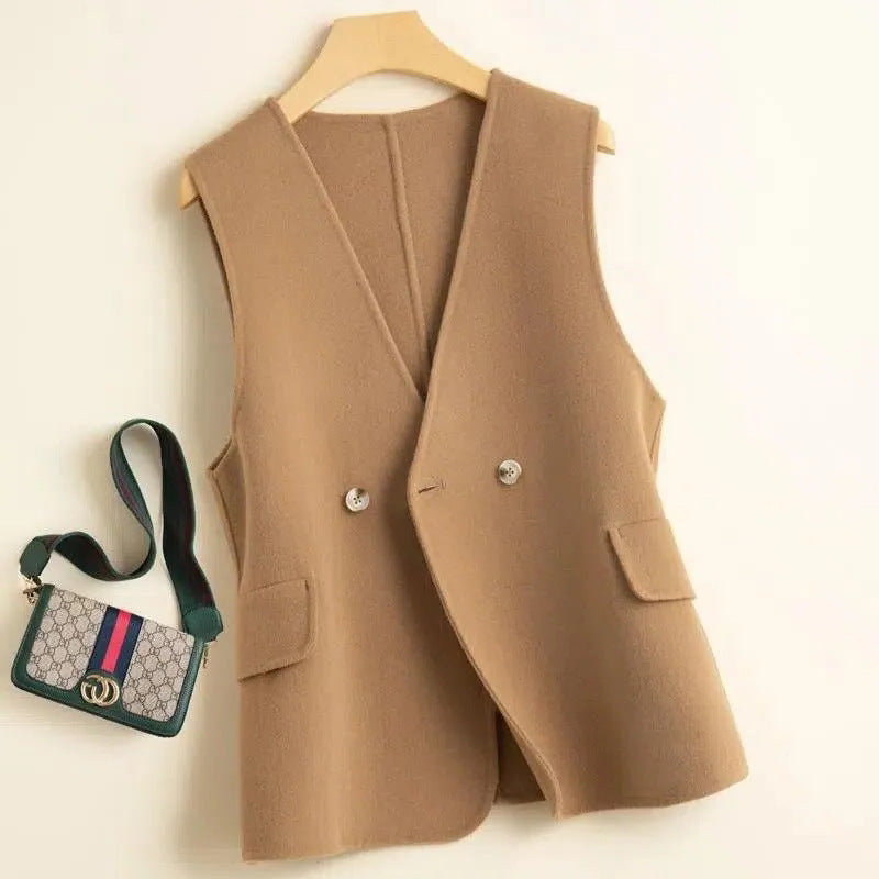 ジレ ベスト ウール レディース ウエストマーク ロングベスト ノーカラー レイヤードコーデ