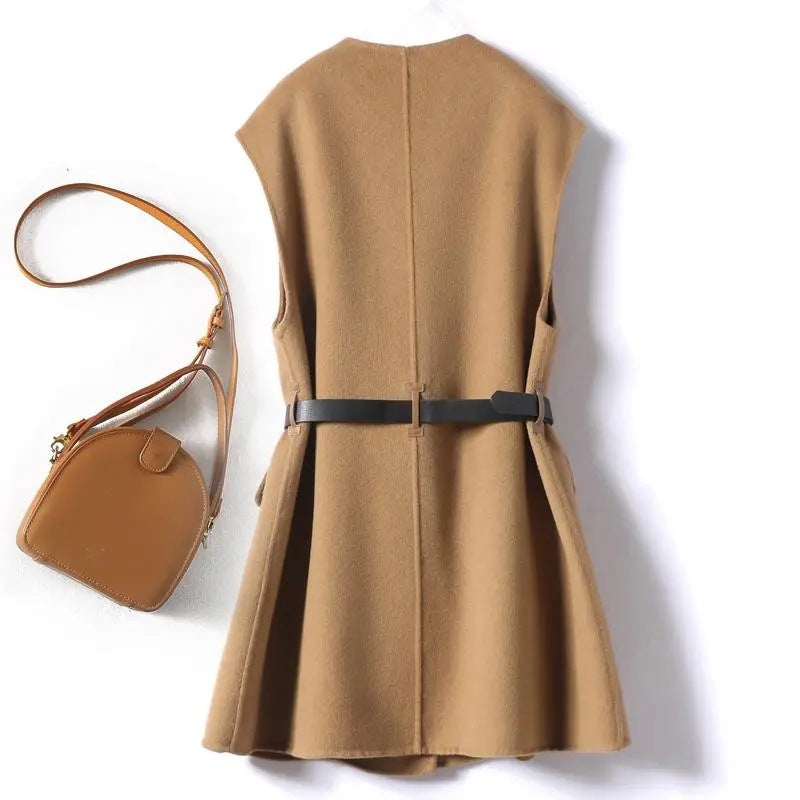 ジレ ベスト ウール レディース ウエストマーク ロングベスト ノーカラー レイヤードコーデ