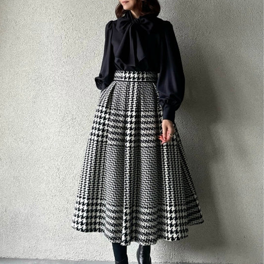 スカート 千鳥格子 レディース 春 秋 冬 ロング プリーツ フレア ニット 柄