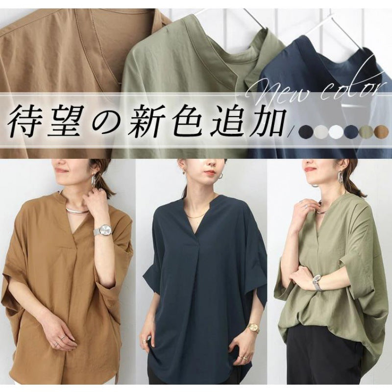 レディース シャツ ブラウス 無地 Vネック プルオーバー ゆったり 体型カバー カジュアル