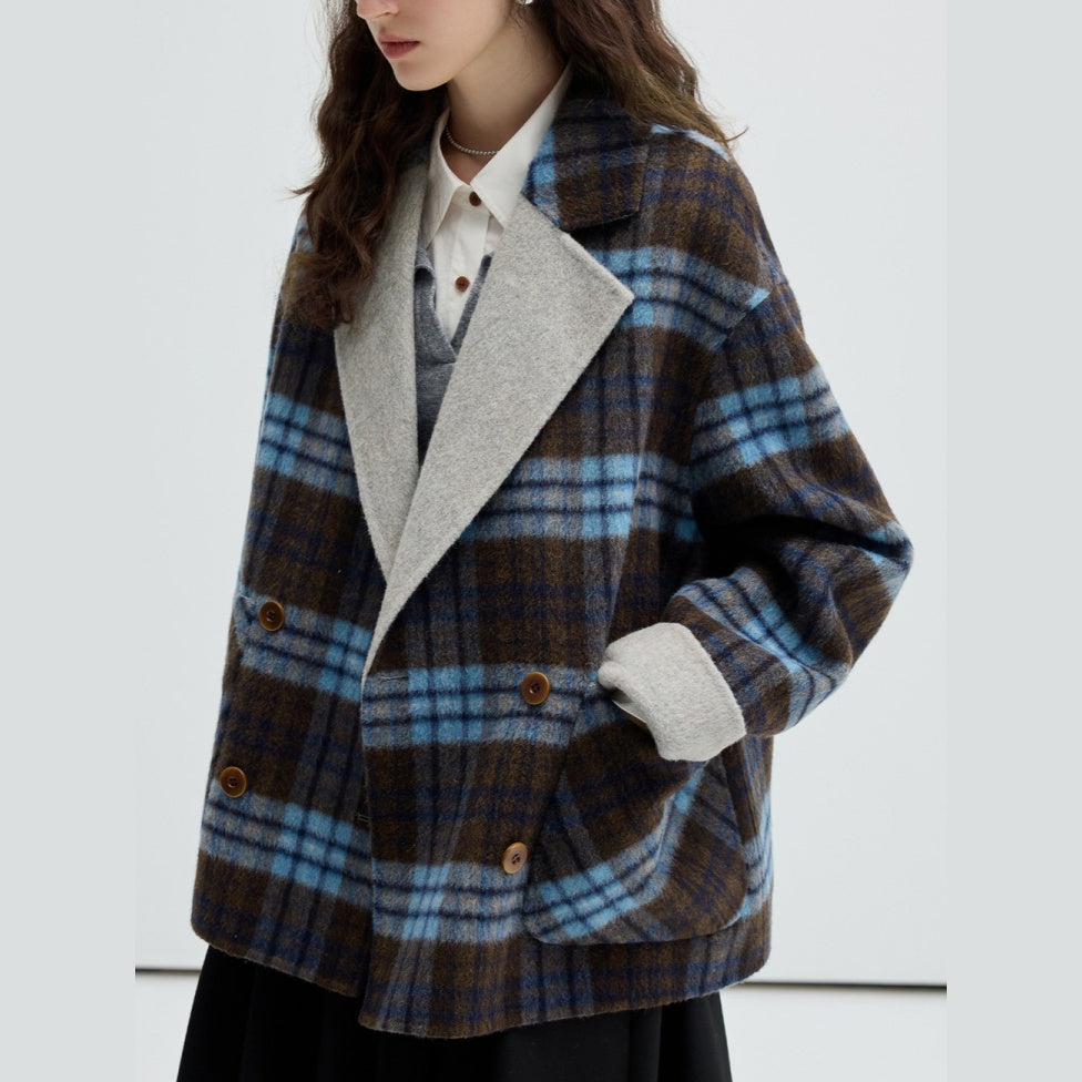 ラシャコート ウール ジャケット 両面着 高級感 コート チェック柄 リバーシブル 立ち襟
