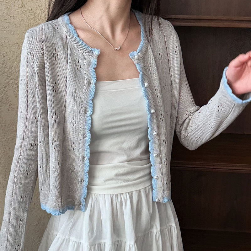 ニットカーディガン メッシュニット 透かし編みゆったりニット 配色ニット トップス