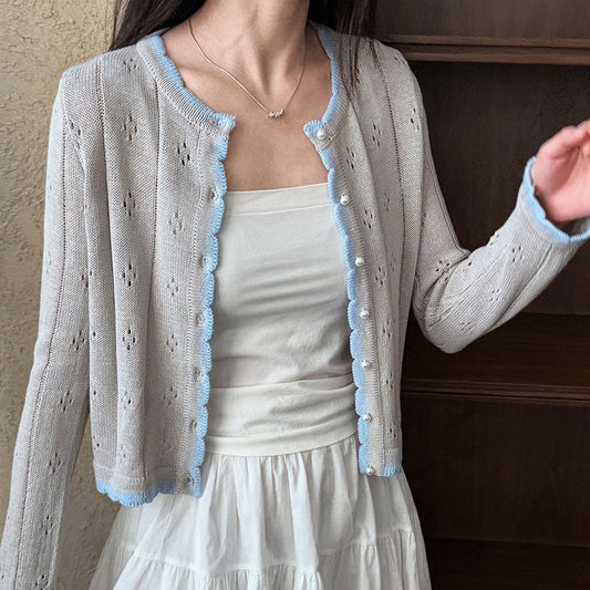 ニットカーディガン メッシュニット 透かし編みゆったりニット 配色ニット トップス