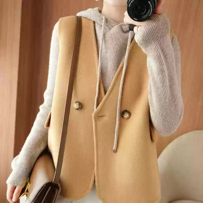 ジレ ベスト ウール レディース ウエストマーク ロングベスト ノーカラー レイヤードコーデ