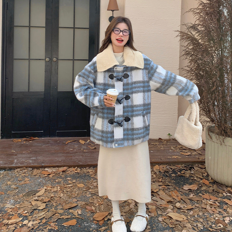ブルーチェック柄ウールコート ミディアムコート コート アウター ジャケット レディース
