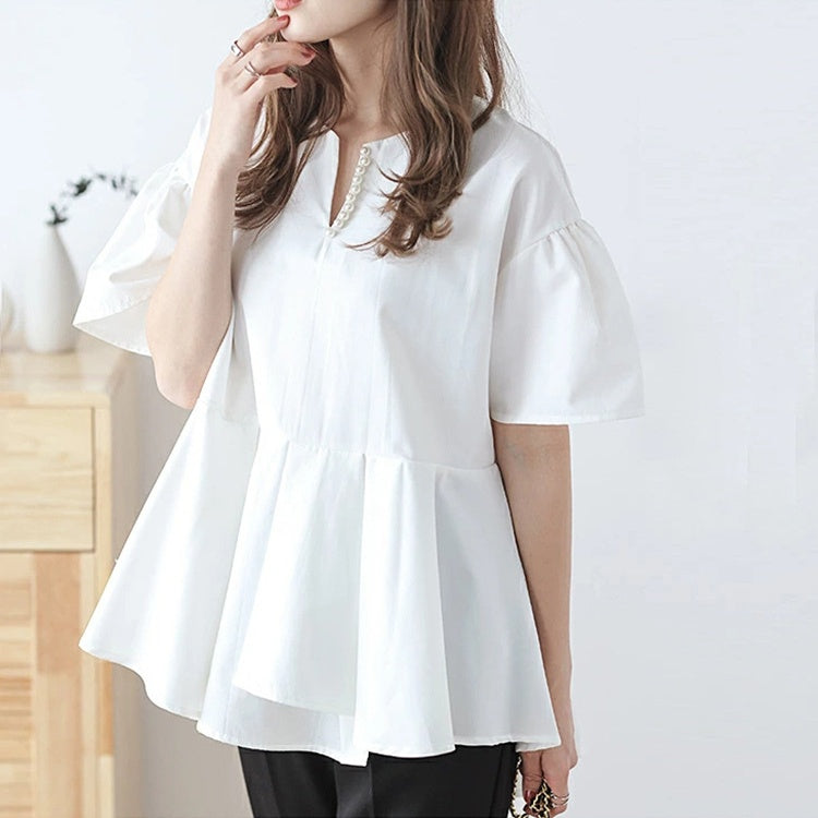 パフスリーブ ブラウス バルーンスリーブ シャツ 半袖 ストライプシャツ トップス