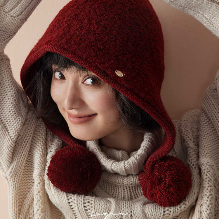 ニット帽 ニットキャップ レディース 耳当て付き ポンポン付き ウール100％ 無地 防寒 保温
