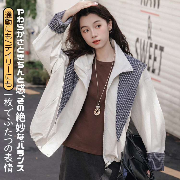 レディース ジャケット 秋冬 新作 韓国風 ワイドシルエット カジュアル チェック柄 切替