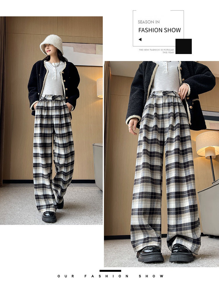 ワイドパンツ 裏起毛 レディース 冬 チェック柄 ウール混 パープル タータンチェック