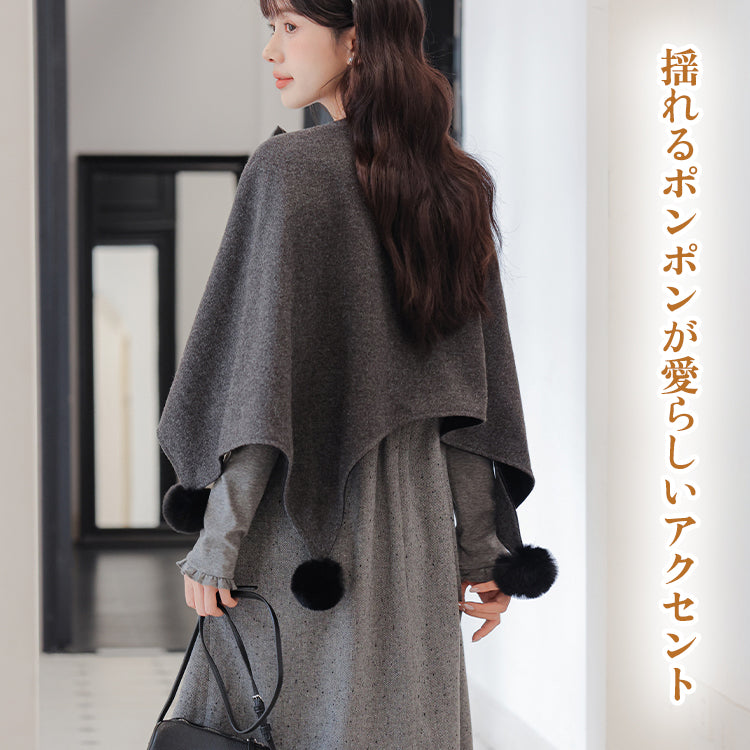 ニット ワンピース レディース 長袖 ケープ コート 2点セット フェミニン Aライン ロング丈
