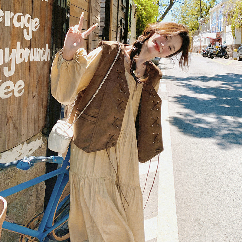 レディース ベスト ジレ スエード風 美ラードカラー キャメルブラウン アウター