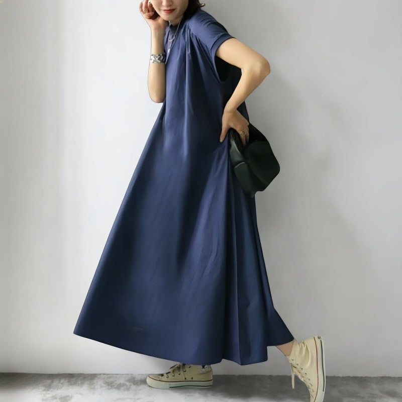 ワンピース レディース ロング丈 Aライン ゆったり 体型カバー ハイウエスト シンプル 無地