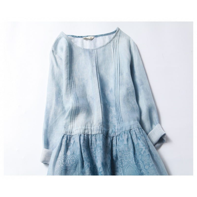 リネンワンピース 麻ワンピース 苧麻ワンピース 花柄ワンピース 七分袖