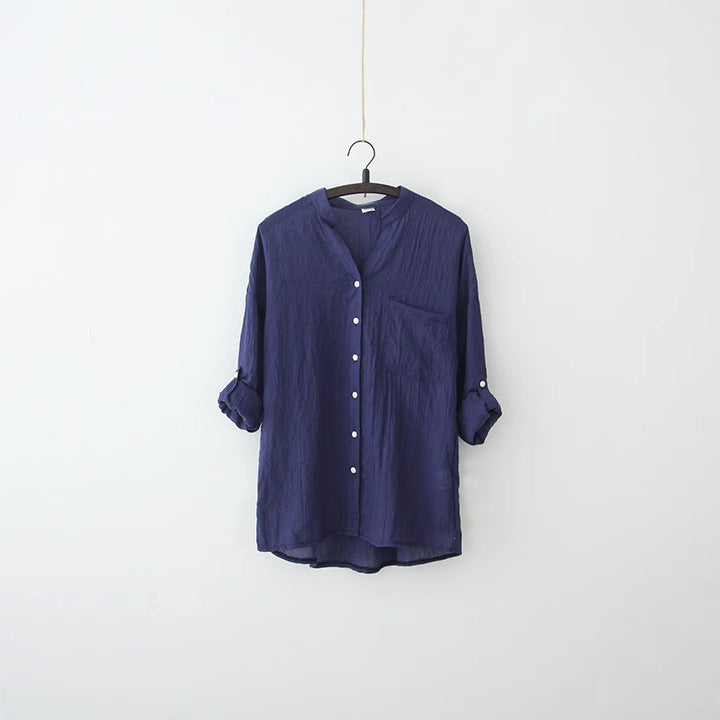 リネンシャツ レディース 薄手 ブラウス 羽織り 綿麻 ナチュラル 立ち襟 七分袖 UV対策