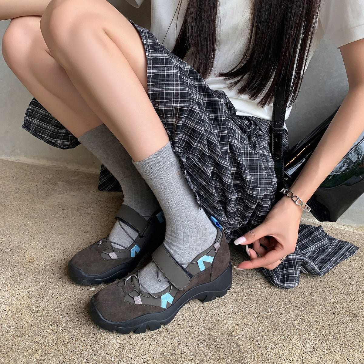 スニーカー メリージェーン レディース スニーカー 本革 マジックテープシューズ