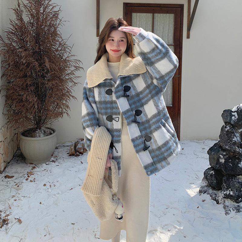 ブルーチェック柄ウールコート ミディアムコート コート アウター ジャケット レディース
