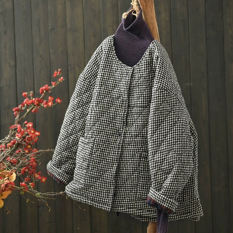チェック柄ジャケット オフタートル 長袖 レディース カジュアル 普段着 レトロ