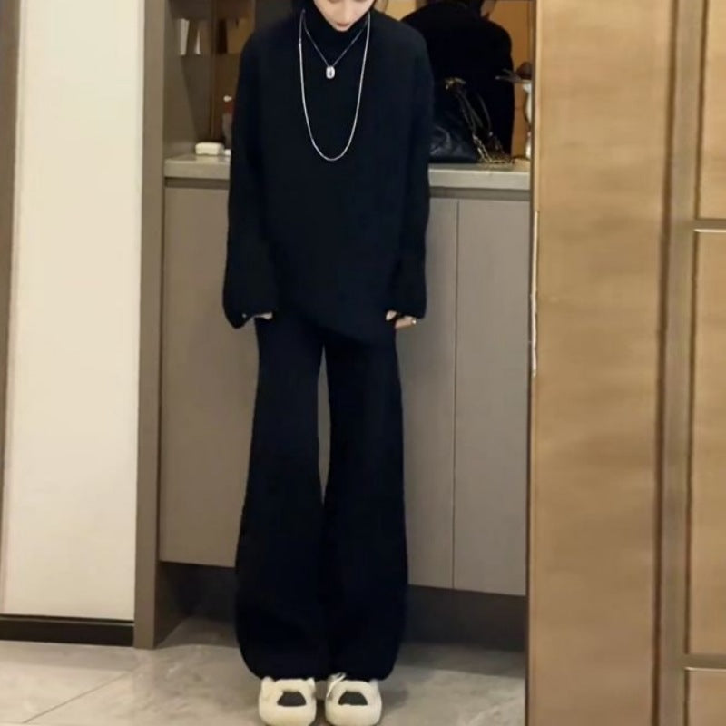 ニット2点セット パンツスーツ レディース  ハイネック ロング ストレッチあり ロング 厚い