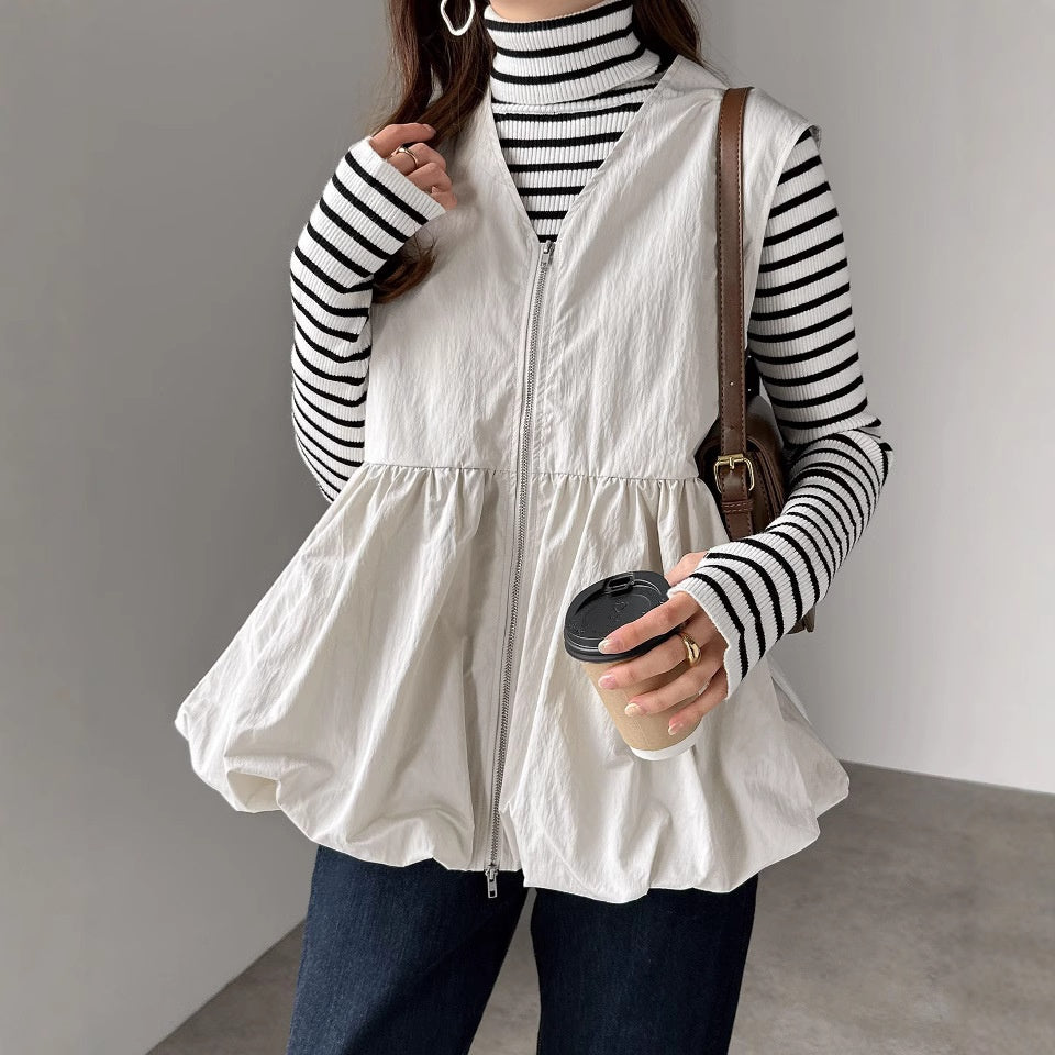 ノースリーブ ベスト レディース ラウンドネック トップス ジッパー デザイン フリル