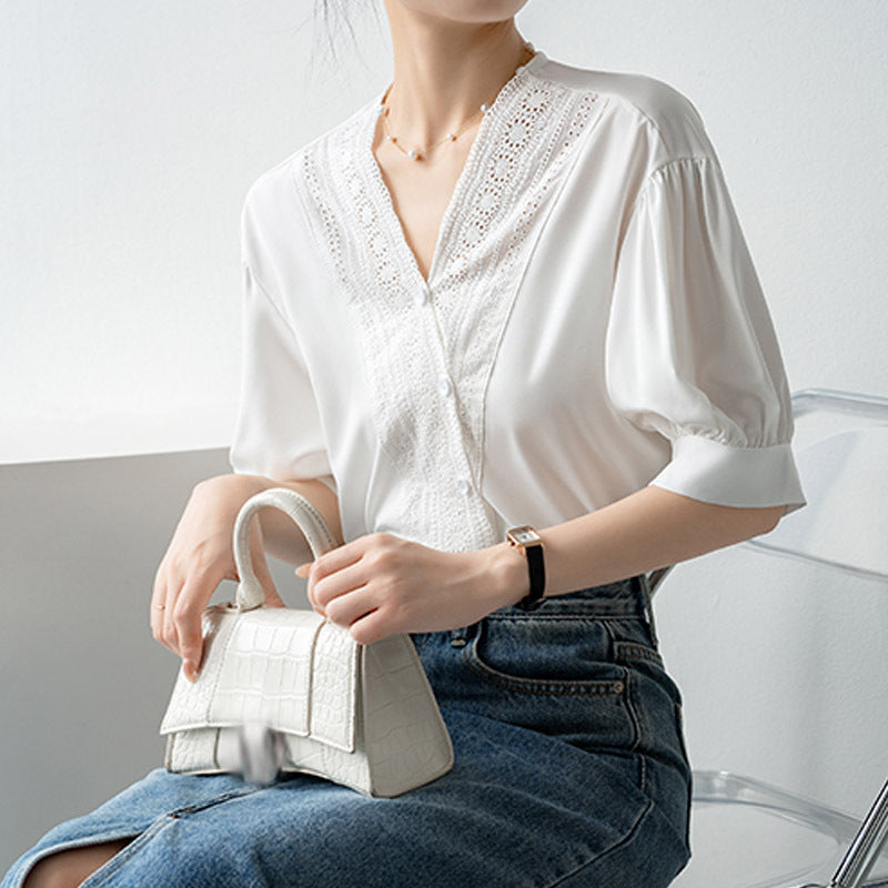 レディース シャツ ブラウス 夏 新作 高見え 上品 デザイン フリル Vネック