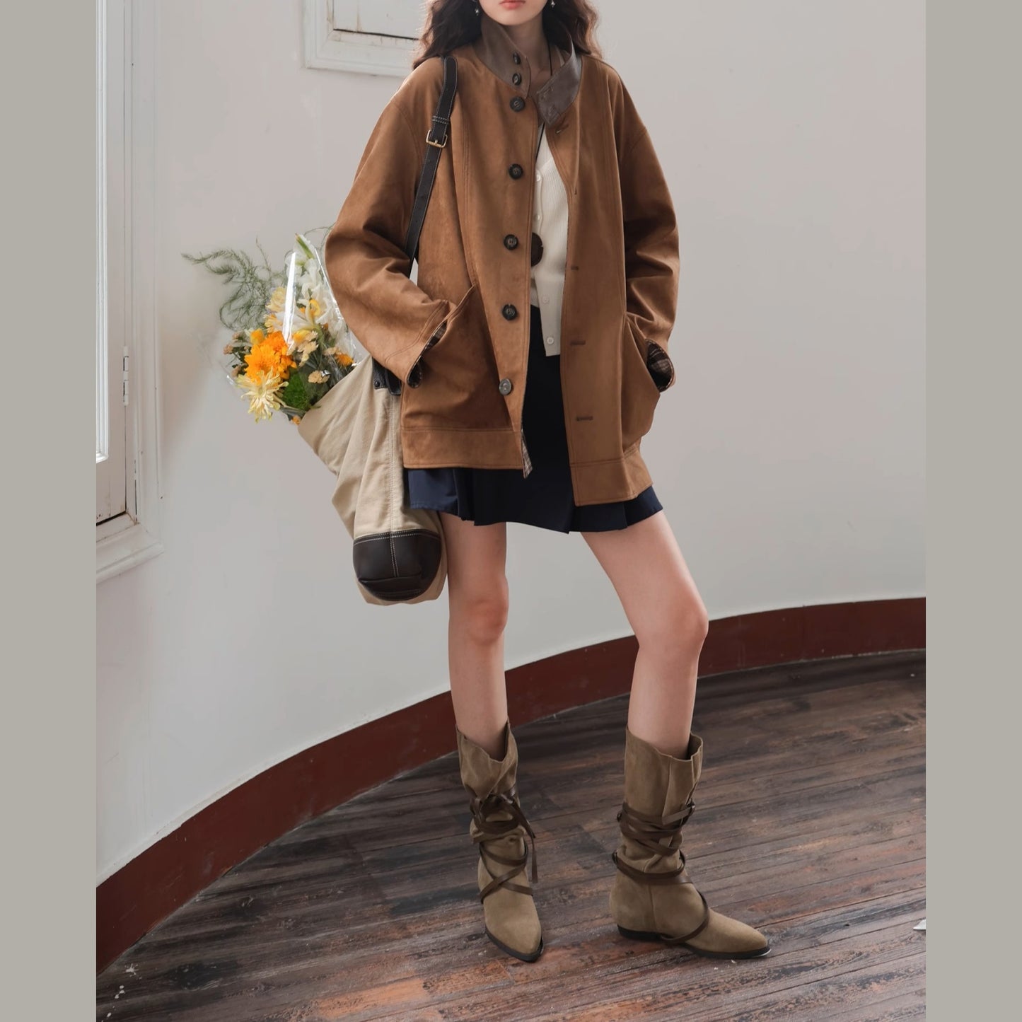 ジャケット 両面着 高級感 コート チェック柄 リバーシブル 立ち襟 皮革風 スエード