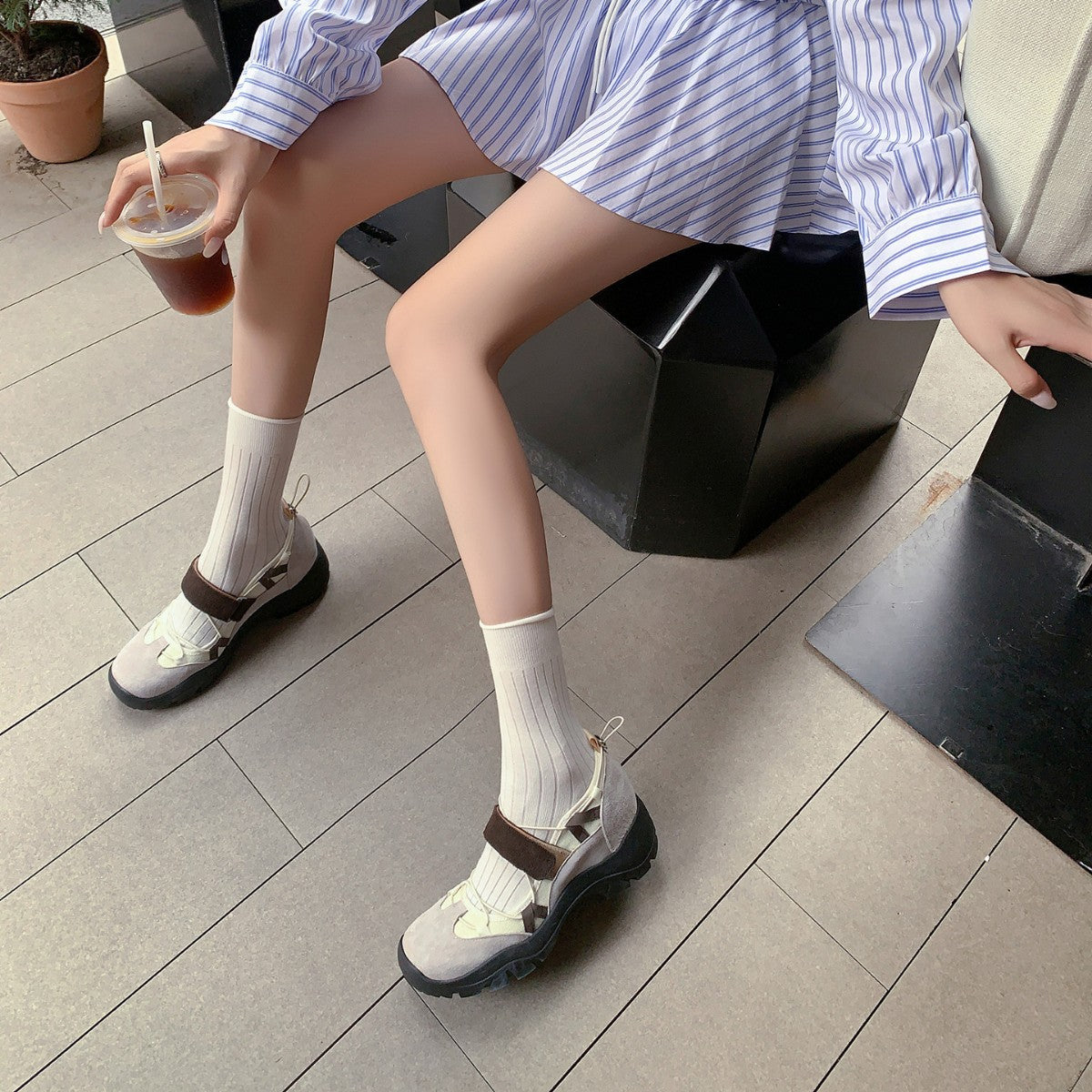 スニーカー メリージェーン レディース スニーカー 本革 マジックテープシューズ