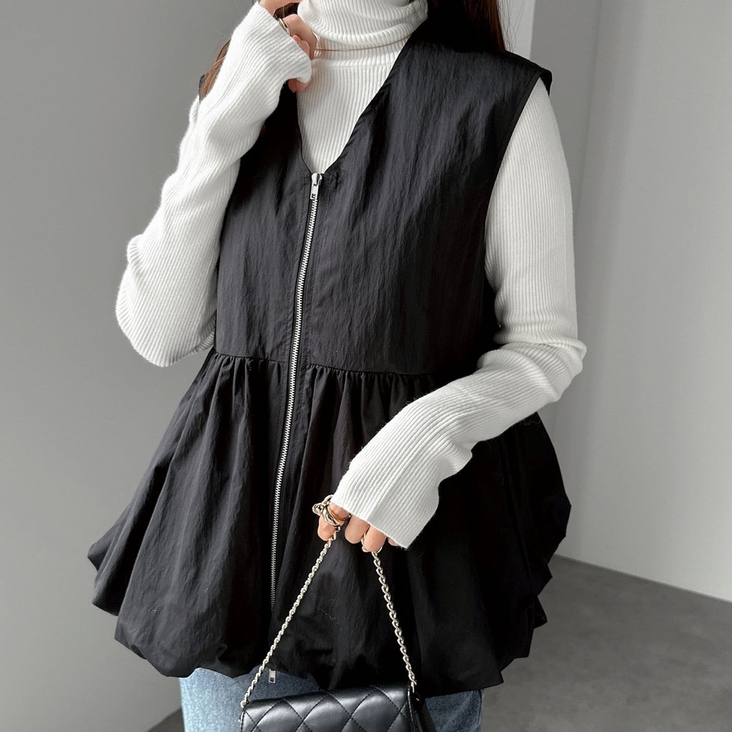 ノースリーブ ベスト レディース ラウンドネック トップス ジッパー デザイン フリル