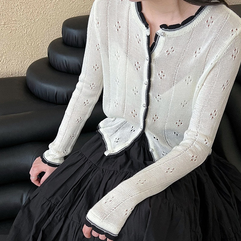 ニットカーディガン メッシュニット 透かし編みゆったりニット 配色ニット トップス