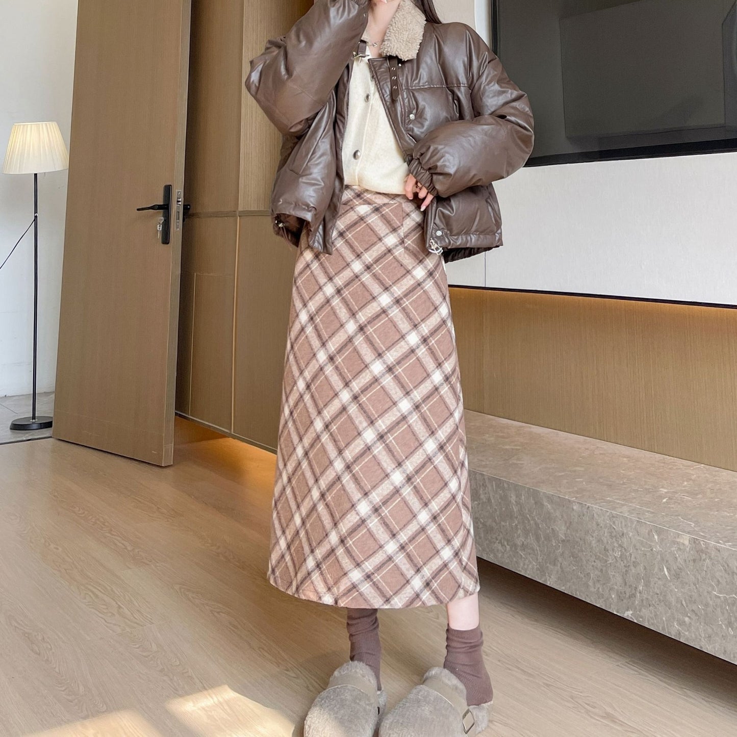 タイトスカート チェックスカート フレアロングスカート 裏起毛スカート ロングスカート