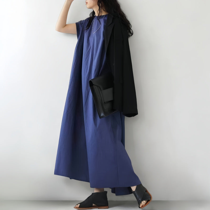 ワンピース レディース ロング丈 Aライン ゆったり 体型カバー ハイウエスト シンプル 無地