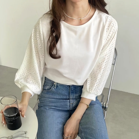 ブラウス トップス Tシャツ レディース 五分袖 レース 切り替え デザイン感 クルーネック