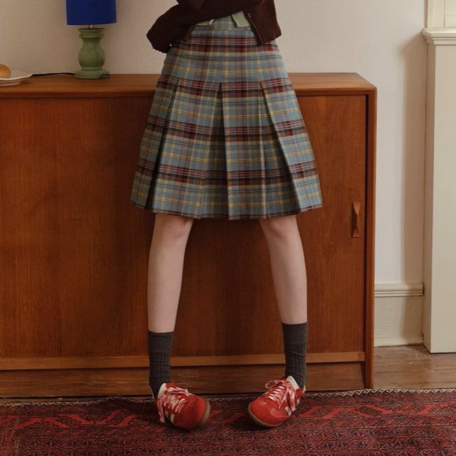 スカート レディース ヴィンテージ チェック柄 プリーツスカート グリーン エレガント