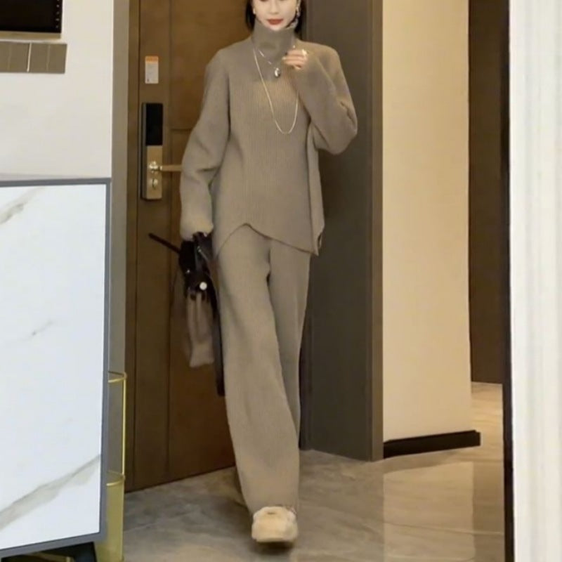 ニット2点セット パンツスーツ レディース  ハイネック ロング ストレッチあり ロング 厚い