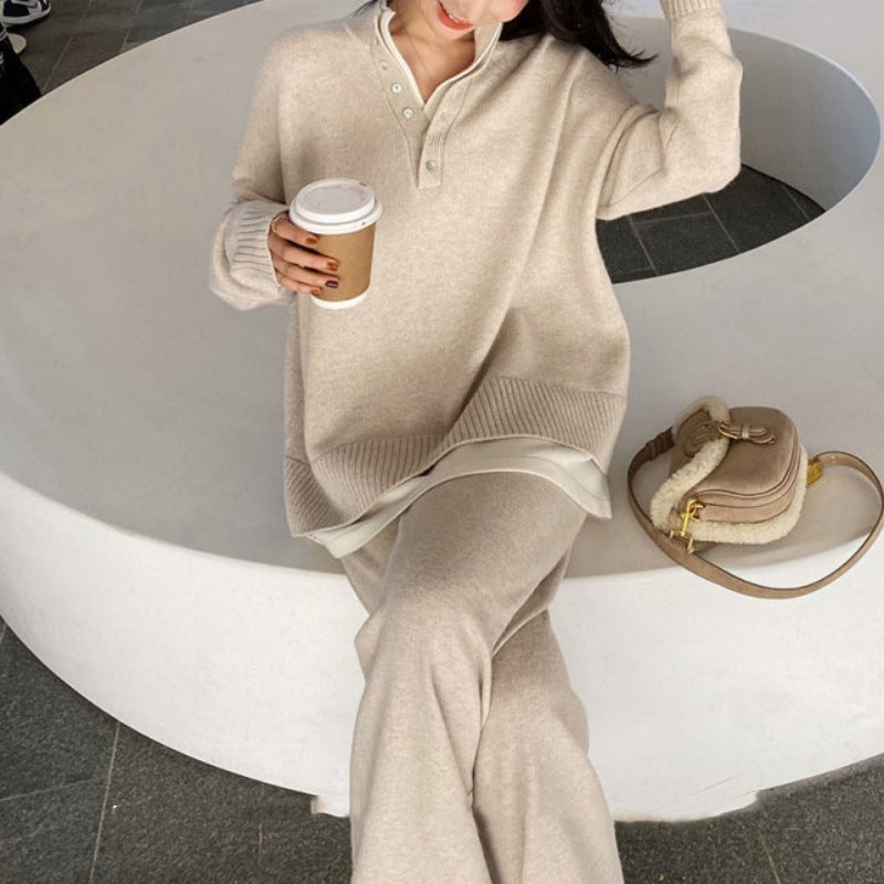 ニット2点セット パンツスーツ レディース ボトムス ロング ストレッチあり ロング 厚い